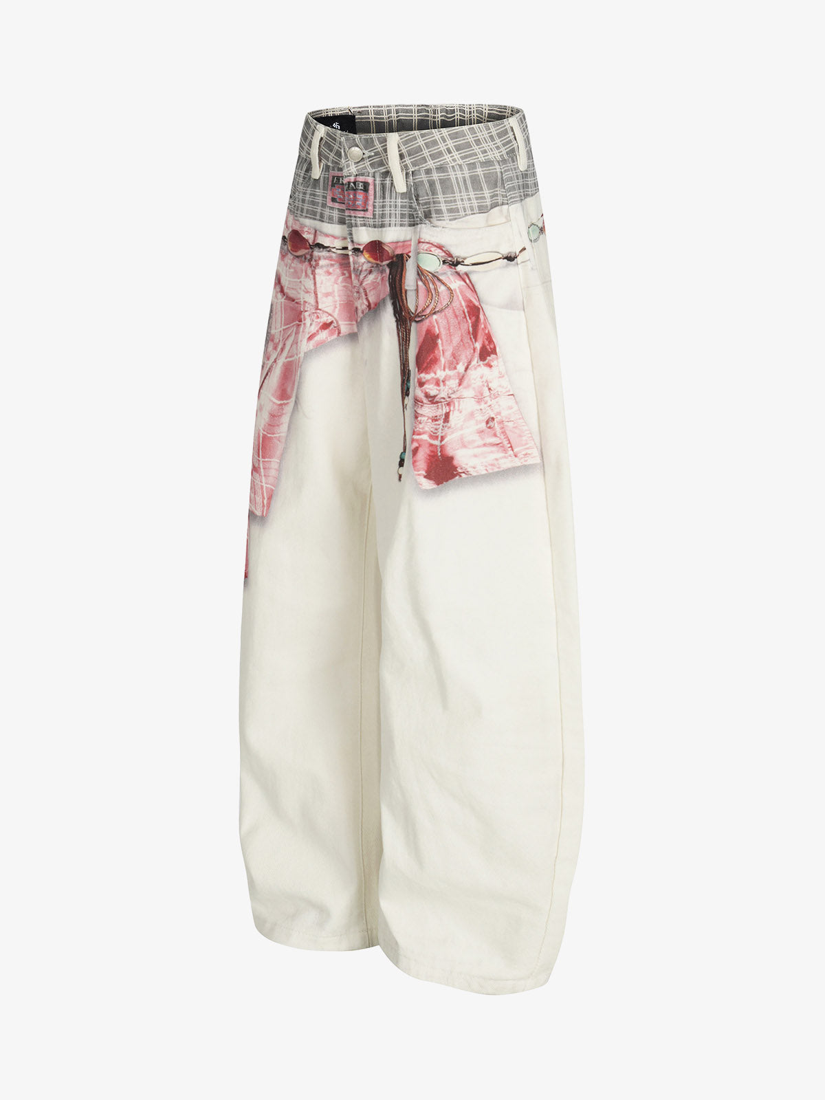Printed Patchwork Waist Graphic-Drape Barrel Jeans - Seldom Seen Styles