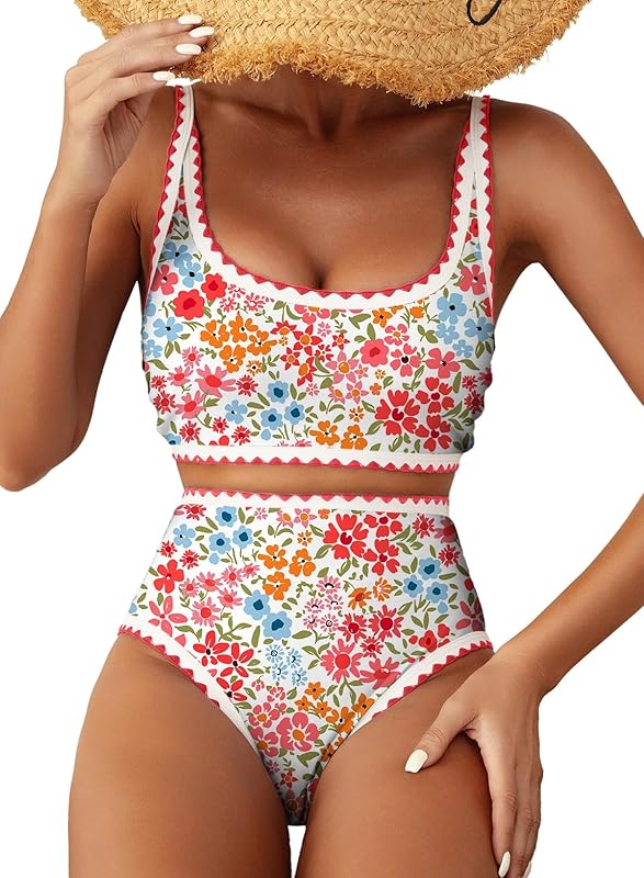 Women's Bikini Sets Floral Print Whip Stitch 2 Piece Swimsuits High Waisted Scoop Bathing Suits - Seldom Seen Styles