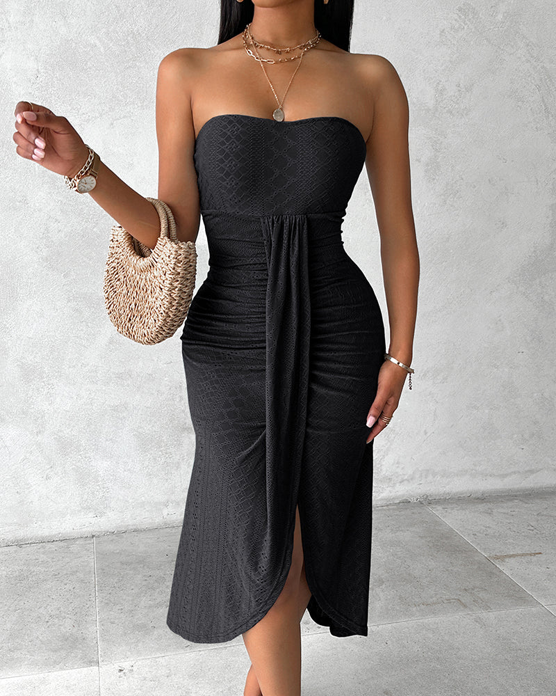 Sleeveless Ruched Cinched Waist Draped Bandeau Dress Eyelet Embroidery Slit Asymmetrical Hem Vacation Dress