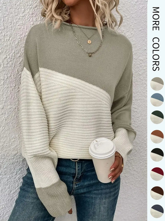 Women's Colorblock Drop Shoulder Sweater, Casual Long Sleeve Round Neck Jumper, Ladies' Knitwear for Everyday Wear, Sweaters for Women, Womenswear