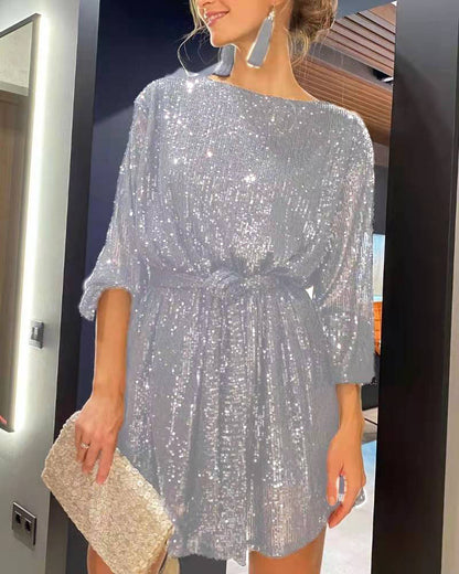 Elegant Sequin Party Dress for Women - Sparkling Long Sleeve, Round Neck with