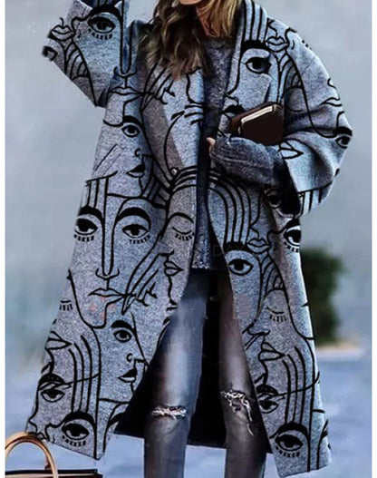 New Arrival  Autumn Foreign Women's Clothing  Long Sleeve Turn-down Collar Coat Printed Woolen Long-Cut Coat