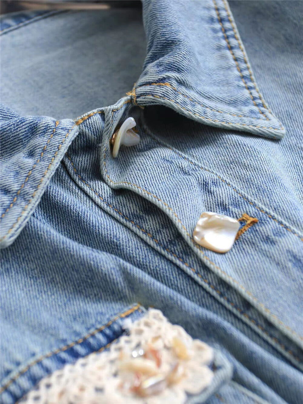 Women's Light Blue Washed Denim Sleeveless Lapel Collar Pearl Button Maxi Dress Lace Floral Chest Pockets Elastic Waist with Free Woven Tassel Waist Accessory S M L XL - Seldom Seen Styles