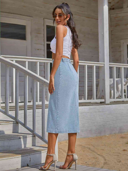 RIVET™ Button-Front Denim Midi Skirt