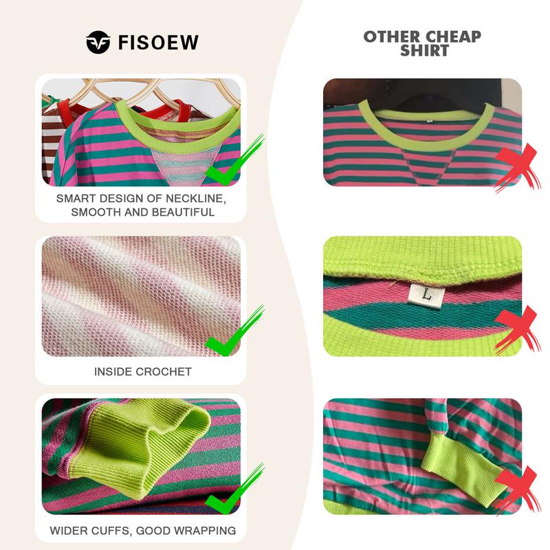 【Up To 3XL】Fisace Christmas Womenswear Striped Oversized Sweatshirt Color Block Crew Neck Long Sleeve Shirt Casual Loose Pullover Top Y2K Clothes back to school - Seldom Seen Styles