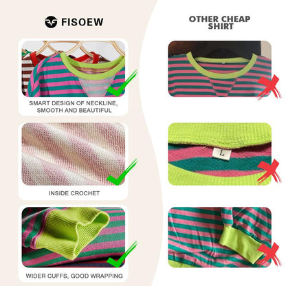 【Up To 3XL】Fisace Christmas Womenswear Striped Oversized Sweatshirt Color Block Crew Neck Long Sleeve Shirt Casual Loose Pullover Top Y2K Clothes back to school