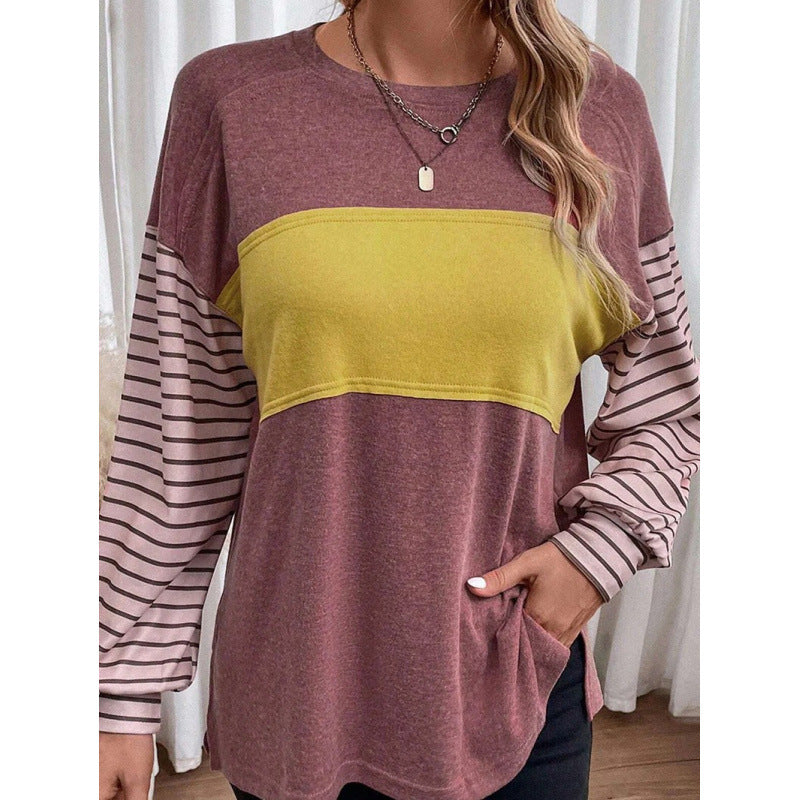Long Sleeve Fall Tops Oversized 2025 Trendy Round Crew Neck Casual Color Block Womens Shirts Blouses - Seldom Seen Styles