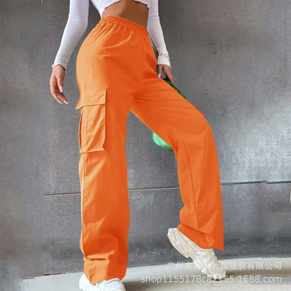 Girl's Elastic Waist Trousers Loose Straight Leg Flap Pocket Cargo Pants