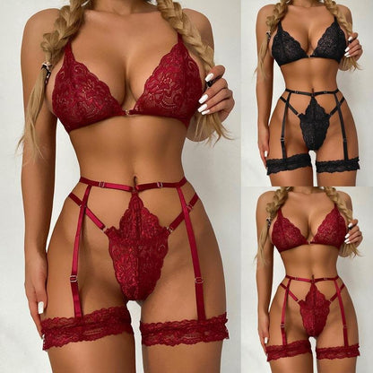Lace Garter Lingerie Set with Removable Choker Teddy Babydoll Strappy Bra and Panty Set