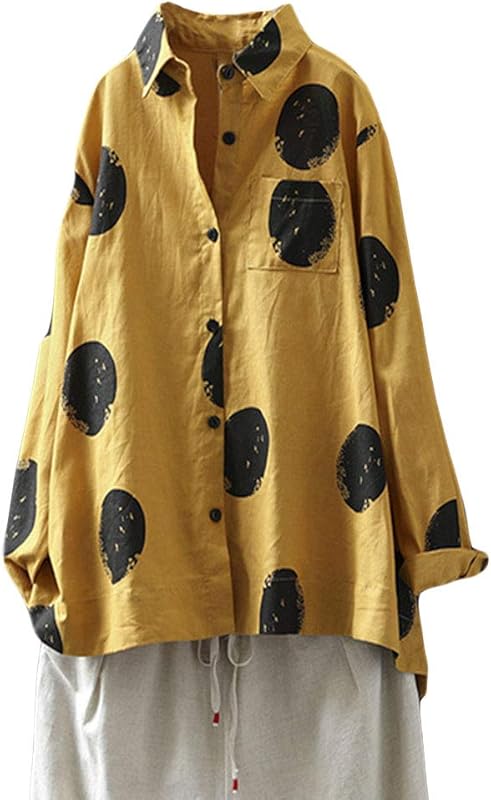 Minibee Women&#39;s Button Down Tunic Tops Polka Blouse Cotton Shirt