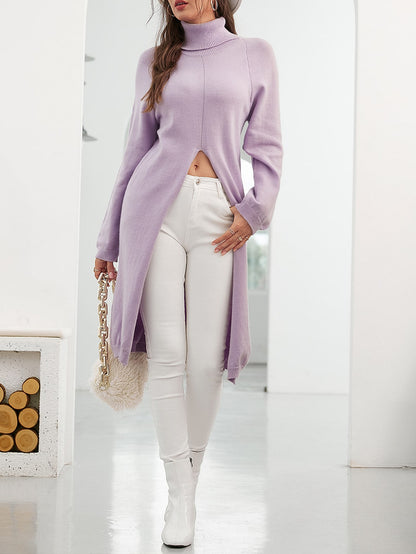 Long Sleeve Slit Hemline at Hem Solid Color Sweater Women's Clothing Long Sweater Spring and Autumn Fashion High Collar