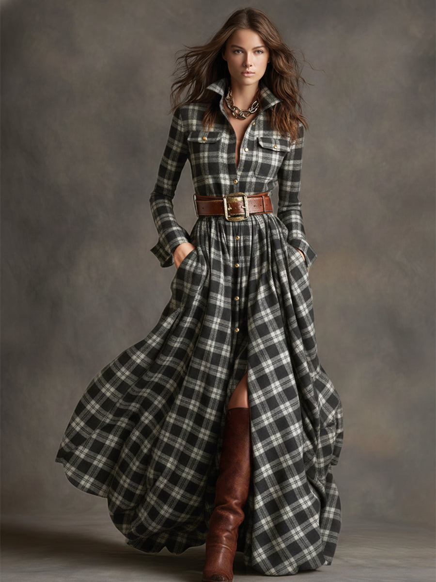 Retro Ethnic Style Lapel Reddish Brown Plaid Maxi Dress - Seldom Seen Styles