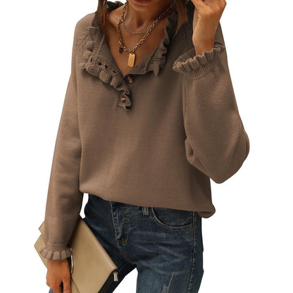 Women's Knit Pullover Sweater Tops - Casual Long Sleeve Button Down Crew Neck Ruffle Solid Color Striped - Knitwear, Womenswear