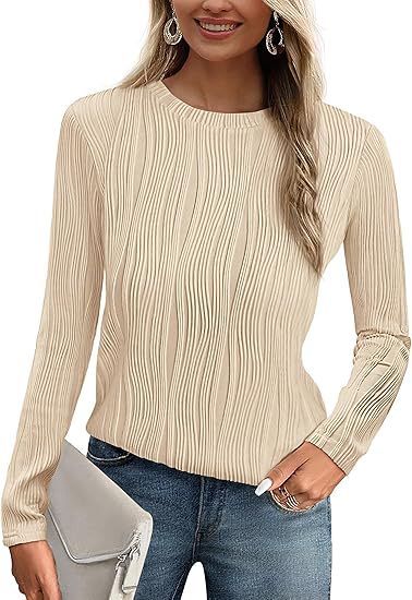 Women's Summer Fall Scalloped Lace Cuff Crewneck Tops Textured Shirts