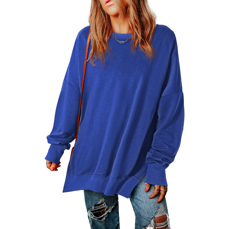 Autumn New Pure Color round-Neck Pullover Women's European and American Leisure Style All-Match Super Long Flab Hiding Long-Sleeved Top for Women