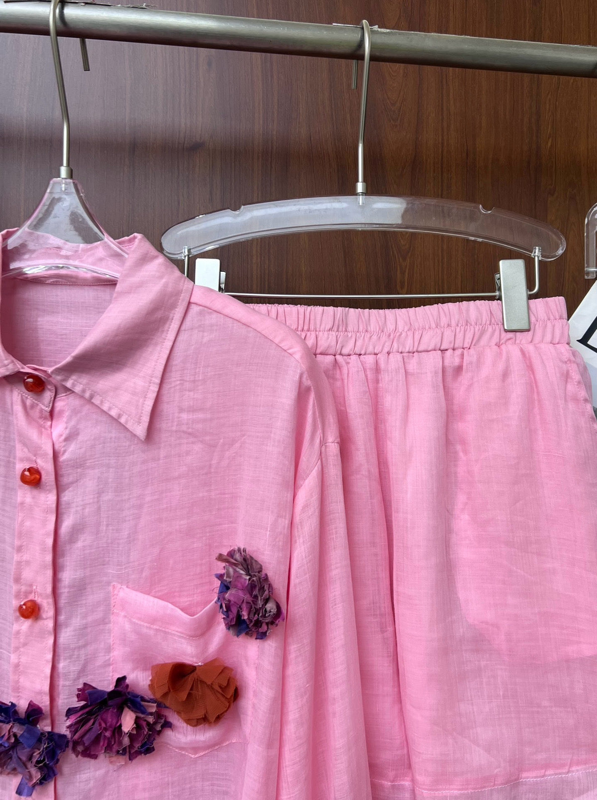 Women's Linen Blend Button Shirt Shorts Set Floral Embroidery Summer Beach Vacation Two Piece Outfit