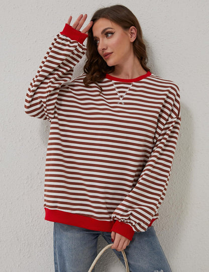 Womens Striped Oversized Sweatshirt Color Block Crew Neck Long Sleeve Casual Loose Pullover Top Y2K Clothes