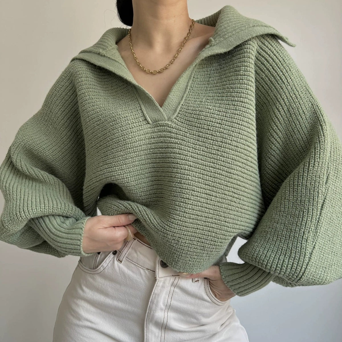 Amazon hot2024European and American Foreign Trade Spring and Autumn New Knitted Sweater Sweater Lapel Pullover Women's Top