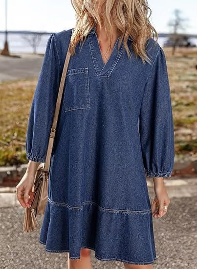 Denim Dress for Women Fashion Fall Casual Babydoll 2025 V Neck 3/4 Puff Sleeve Jean Dresses - Seldom Seen Styles