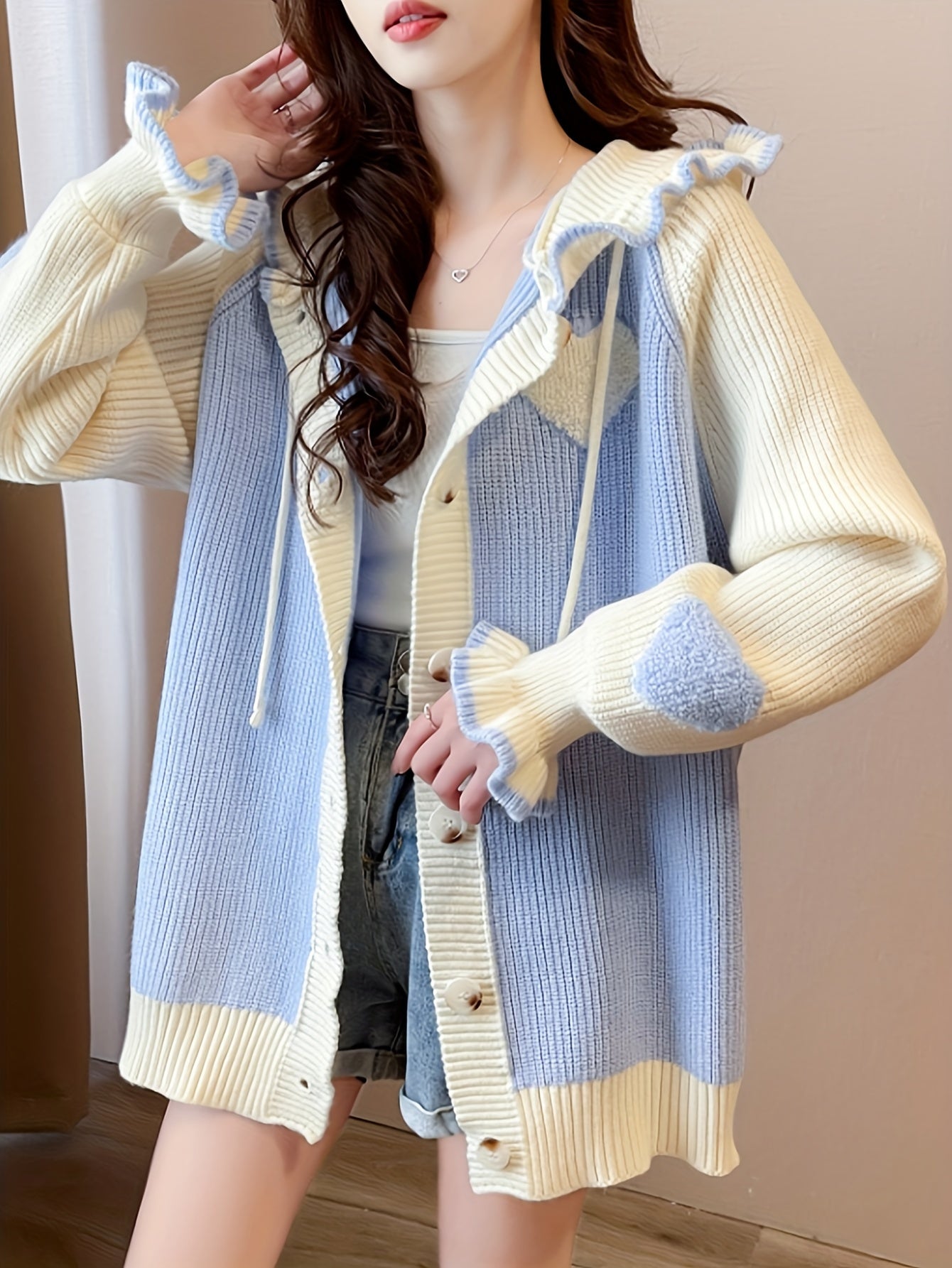 Heart Pattern Single Breasted Cardigan, Cute Color Block Drawstring Cardigan For Spring & Fall, Women's Clothing