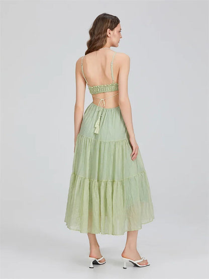 Summer Women Flowy Long Dress Spaghetti Strap Cut Out Backless Ruffle A-Line Dress Bohemian Party Holiday Casual Sundress