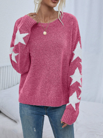 Fashion Solid Color Five-Pointed Star Sweater Crew Neck Pullover Autumn Winter Women's Knitwear