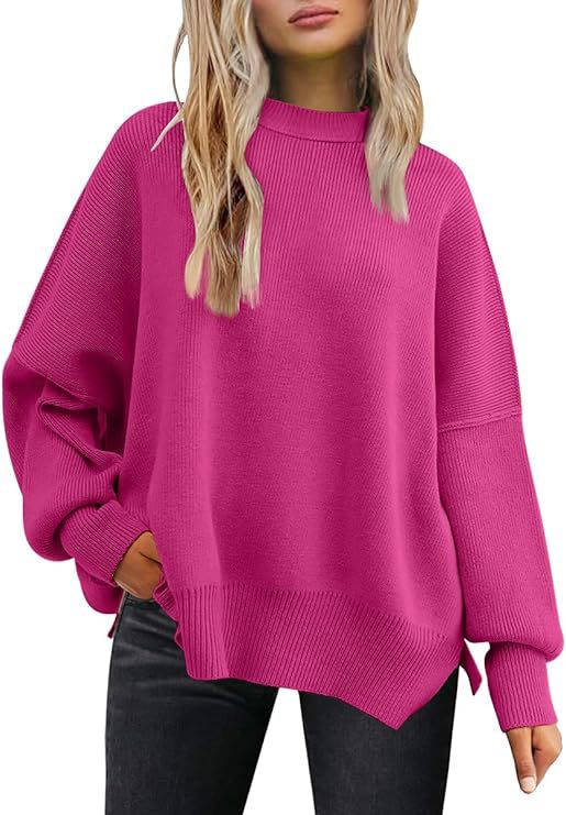 Women's Oversized Batwing Sweaters 2024 Fall Outfits Crewneck Ribbed Knit Side Slit Trendy Pullover Tops