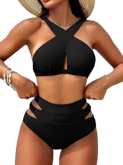 Bikini Sets For Women Full Coverage Bottoms,High Waisted Bathing Suit,Cut Out Criss Cross Two Piece Swimsuits - Seldom Seen Styles