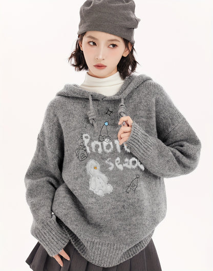 Cozy Gray Hooded Knit Sweater For Women - Cute Cartoon Design, Thick & Warm Pullover For Fall/Winter