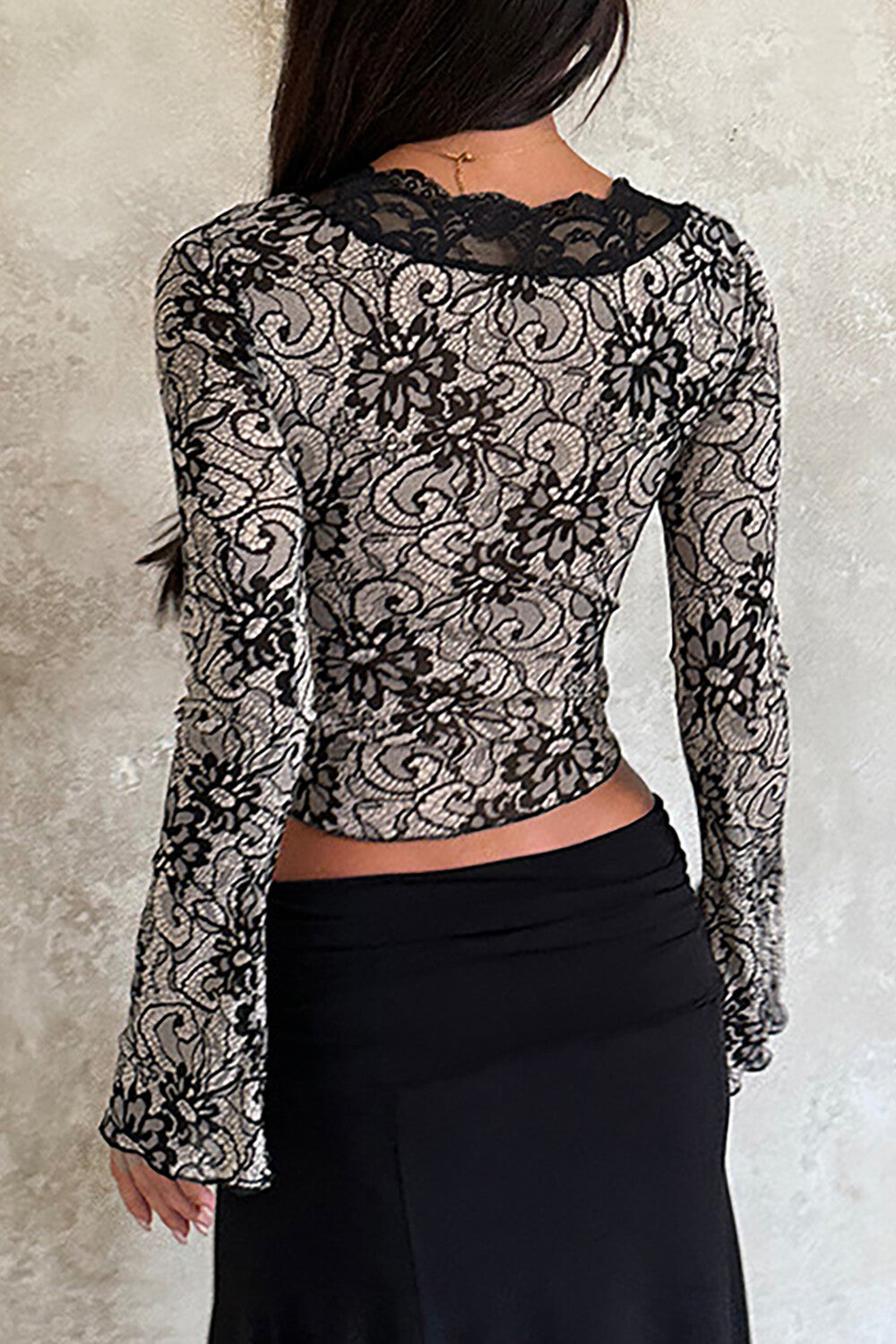 Jacquard Lace Deep V Neck Long Sleeve Slim Fit Crop Top - Black - Seldom Seen Styles