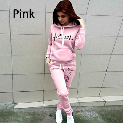 Two-Piece Set Women's Heart Print Raglan Sleeve Hoodie & Drawstring Waist Sweatpants Set, Casual Long Sleeve Hooded Pullover & Pocket Jogger Pants, Women's Fall & Winter Clothes, Holiday Outfits, Soft Clothes