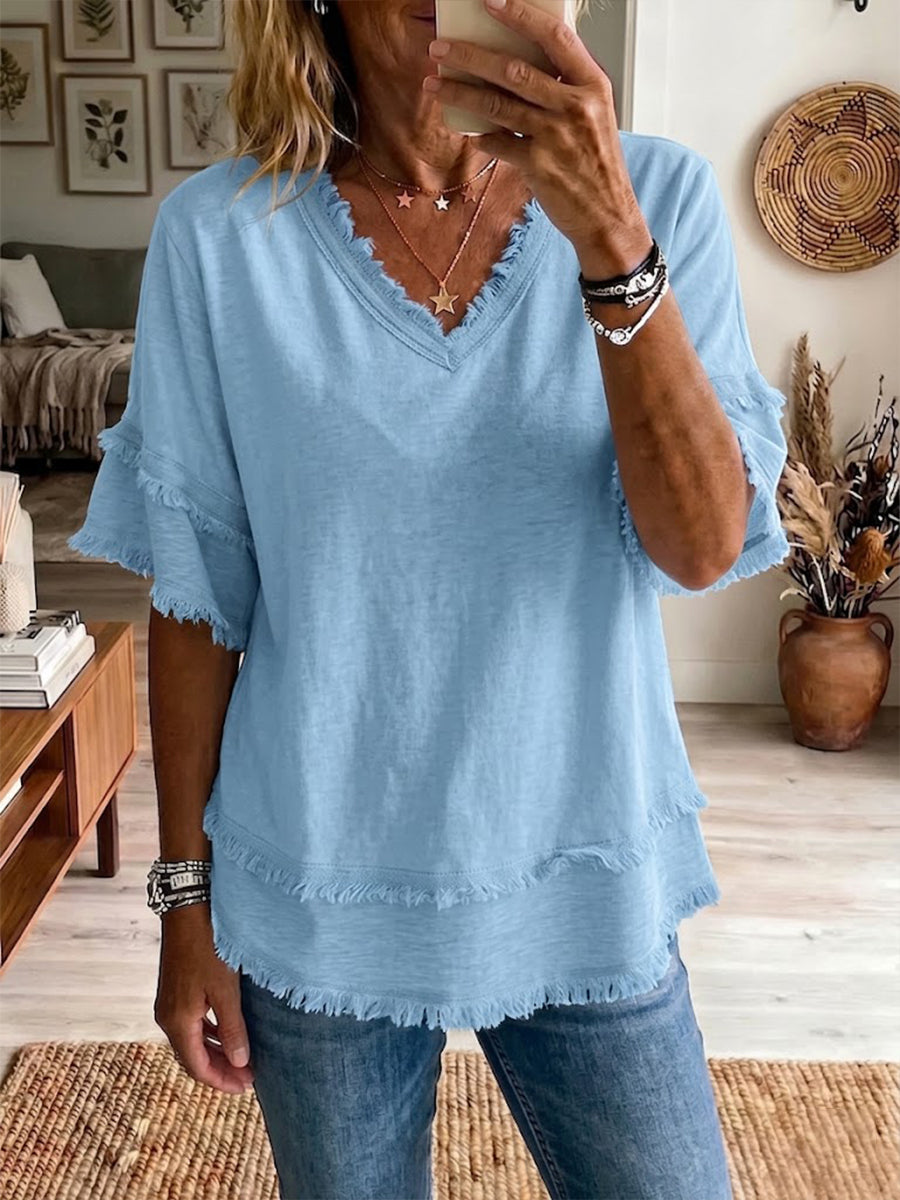 Women's Vintage Frayed V-Neck Linen Cotton Short Sleeve Top Casual Boho Summer Beach Vacation Outfit