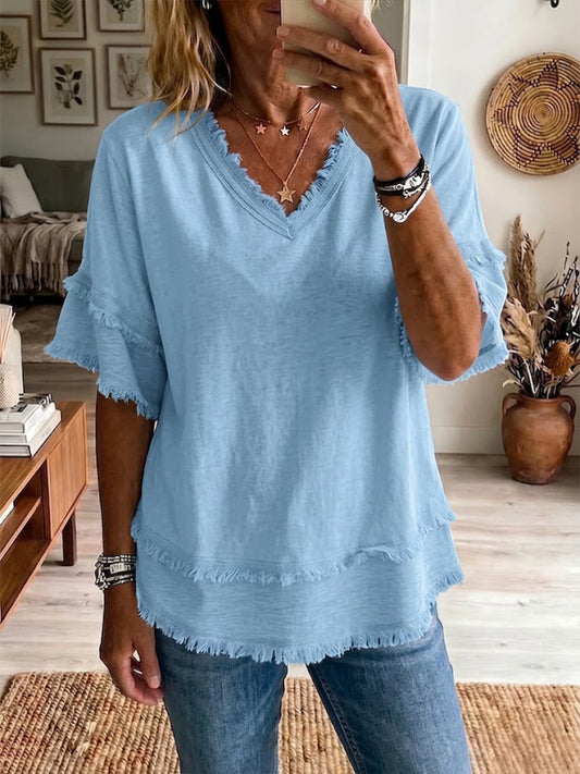 Women's Vintage Frayed V-Neck Linen Cotton Short Sleeve Top Casual Boho Summer Beach Vacation Outfit