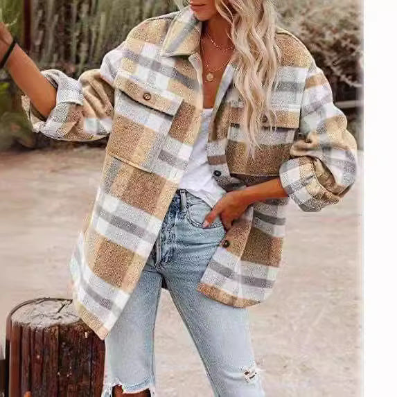 Amazon Autumn and Winter European and American Women's Clothing Autumn and Winter Long Sleeve Lapel Loose Plaid Wool Coat