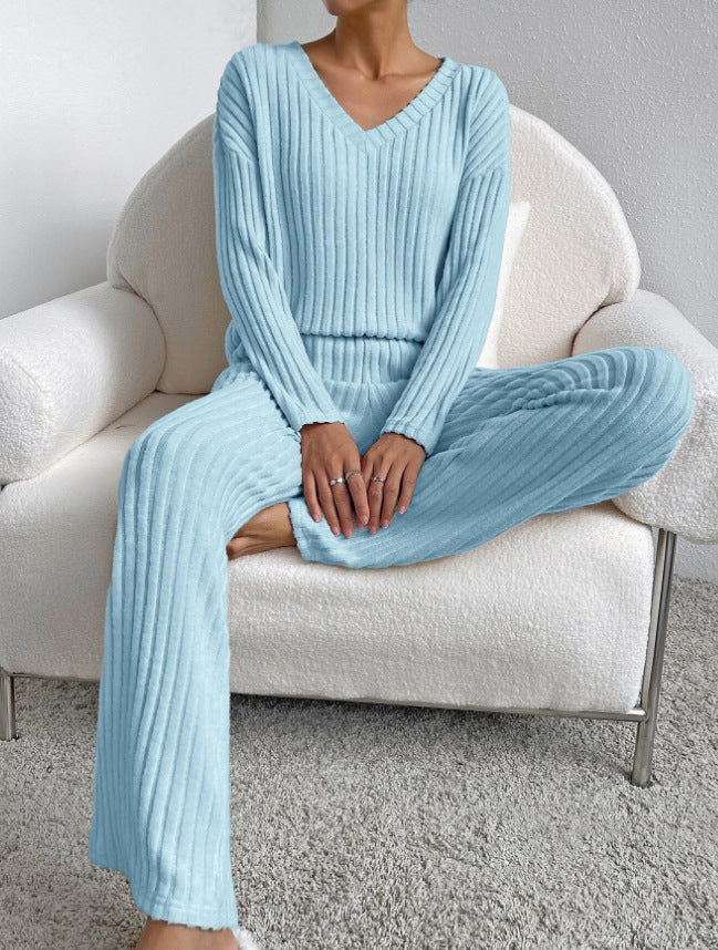 V Collar  Stripe Knitted Suit Two-Piece Set for Women2024Autumn New Fashion Casual Straight-Leg Pants Loose Temperament