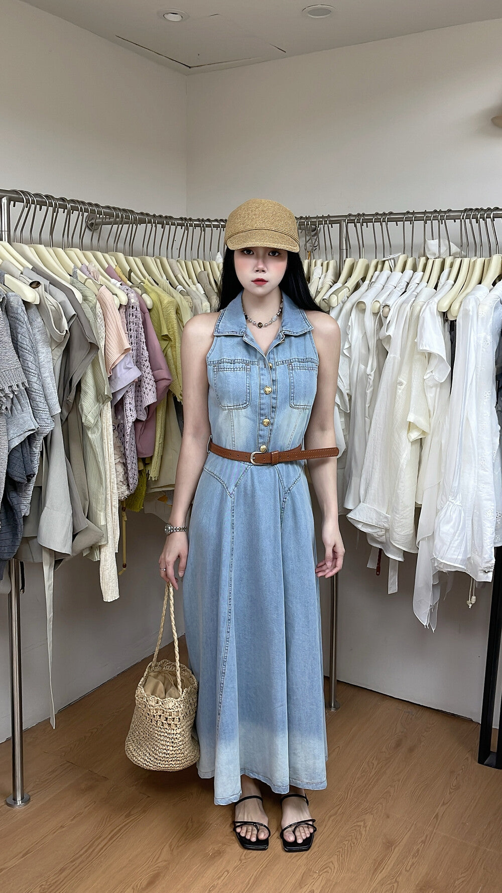 Women's Light Blue Denim Sleeveless Belted A-Line Maxi Dress Gold Button Lapel Collar with Free Belt M L - Seldom Seen Styles