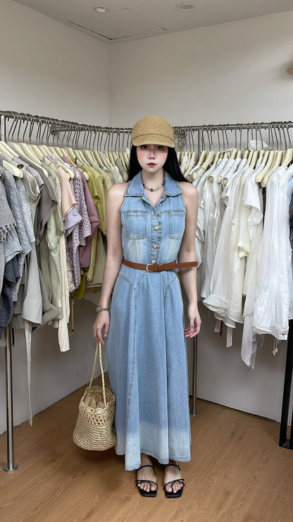 Women's Light Blue Denim Sleeveless Belted A-Line Maxi Dress Gold Button Lapel Collar with Free Belt M L