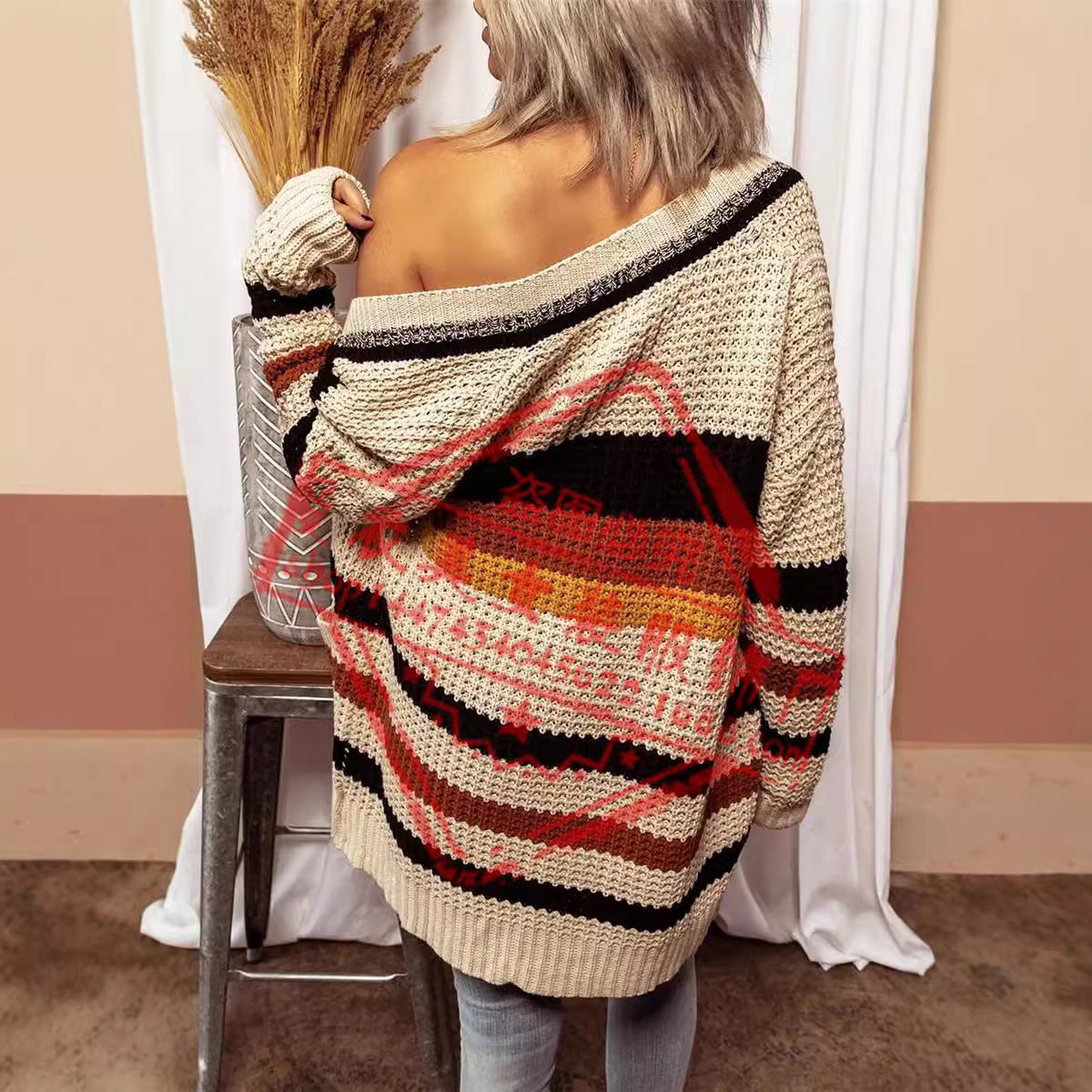 2024Autumn and Winter New LooseVCollar Long Sleeve Sweater Cardigan Women's Striped Sweater Coat