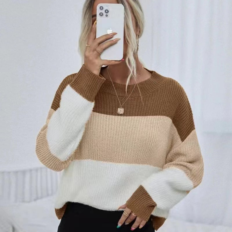 2024Amazon Autumn and Winter Cross-Border Women's Knitted Fashion round Neck Pullover Stripe Contrast Color Sweater Women