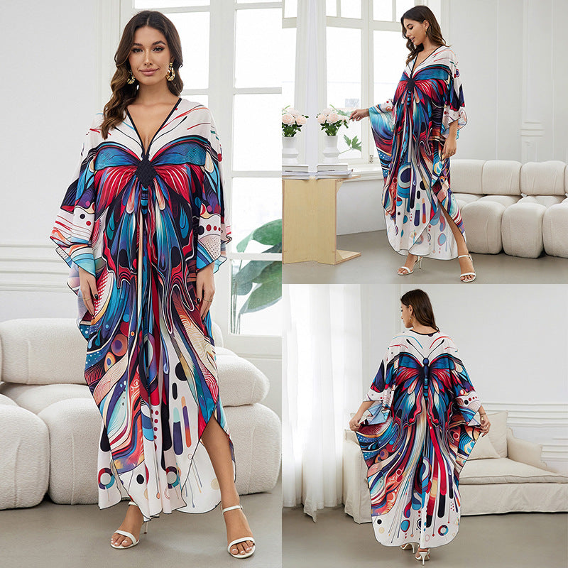 [Plus Size] Butterfly/feather Print Ruched Split Hem Tunic Dress, Valentine's Day Elegant Batwing Sleeve V Neck Long Dress for Summer, Casual Womenswear, Gift, Homecoming Dresses, Women's Clothes for Beach Holiday Vacation, Moo Moo Dresses