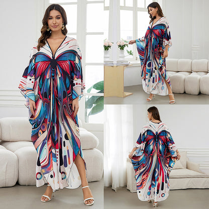 [Plus Size] Butterfly/feather Print Ruched Split Hem Tunic Dress, Valentine's Day Elegant Batwing Sleeve V Neck Long Dress for Summer, Casual Womenswear, Gift, Homecoming Dresses, Women's Clothes for Beach Holiday Vacation, Moo Moo Dresses