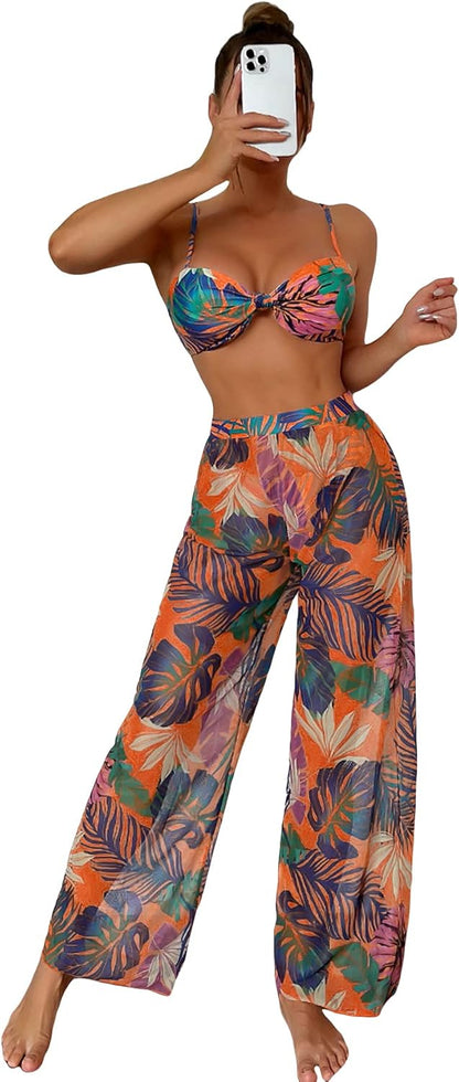 Women's 3 Piece Set Tropical Print High Cut Wrap Front Bikini Swimsuit - Seldom Seen Styles