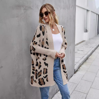 2024New Winter Clothes European and American Foreign Trade Women's plus Size Cardigan Coat Personality Fashion Leopard Print Knitwear Sweater Women