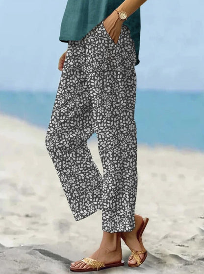 Leinenhose Damen Sommer Elastische Taille Gerades Bein Übergröße Crop Pants Lässige Strandhose mit Taschen