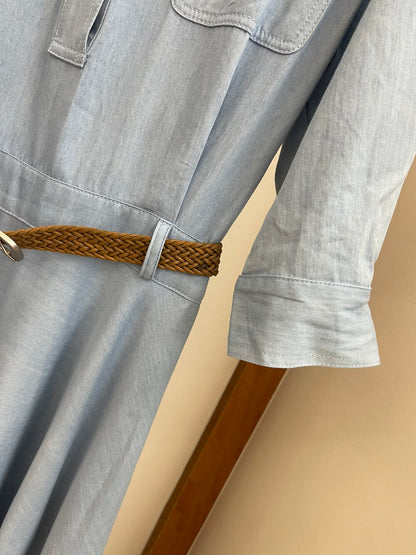 Women's Denim Short Sleeve Lapel Collar Gold Button Belted A-Line Maxi Dress Dual Chest Pockets with Free Braided Belt Dark Blue Light Blue S M Cotton Candy 288563