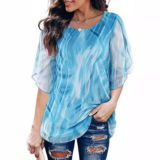 Women's Tops 3/4 Sleeve Blouses Dressy Casual Double Layers Mesh Tunic Shirts