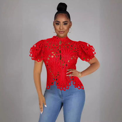 Women’s Sexy Ruffle Long Sleeve Summer Lace Tops 2024 Puff Flare Shirt V Neck Hollow Out Button Down Tunic Blouses