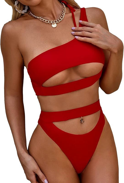 Sexy Cutout One Shoulder Bikini Swimsuit Set for Women Brazilian Bathing Suit 2 Piece - Seldom Seen Styles