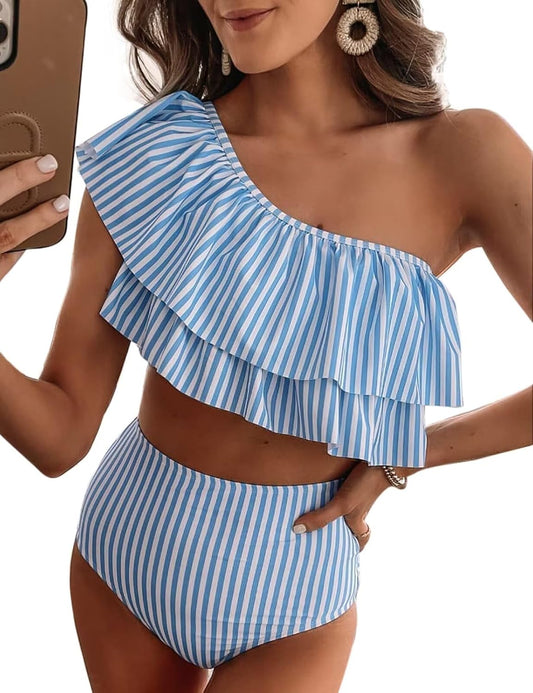 Ruffle One Shoulder Swimsuits for Women Striped High Waisted Two Piece Bathing Suits - Seldom Seen Styles