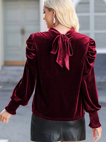 European and American Elegant Solid Color Velvet Chiffon Shirt Women2024Autumn New Fashion Pleating Stand Collar Pullover Women